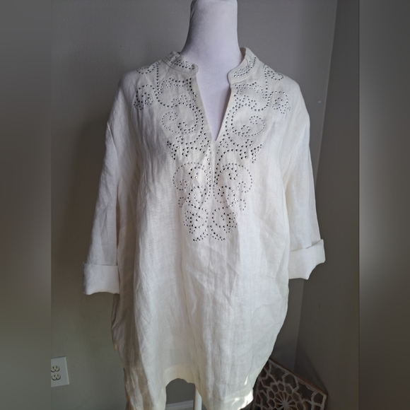 NWT JM Collection Linen Top Tunic Silver Rhinestones Roll-tap Sleeve Sz 18 (XL) - Picture 9 of 15